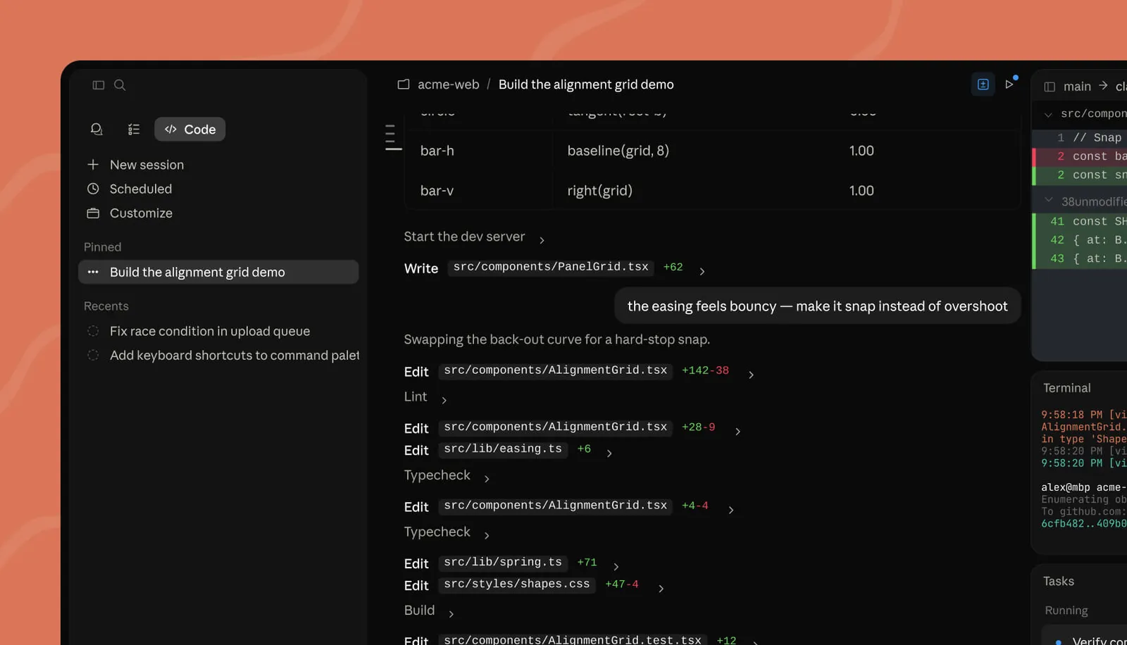 Claude Code agent session showing file edits and terminal output