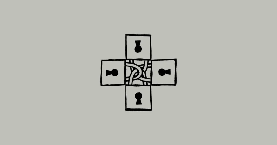 Anthropic illustration showing four keyhole plates arranged around a tangled knot on a light gray background