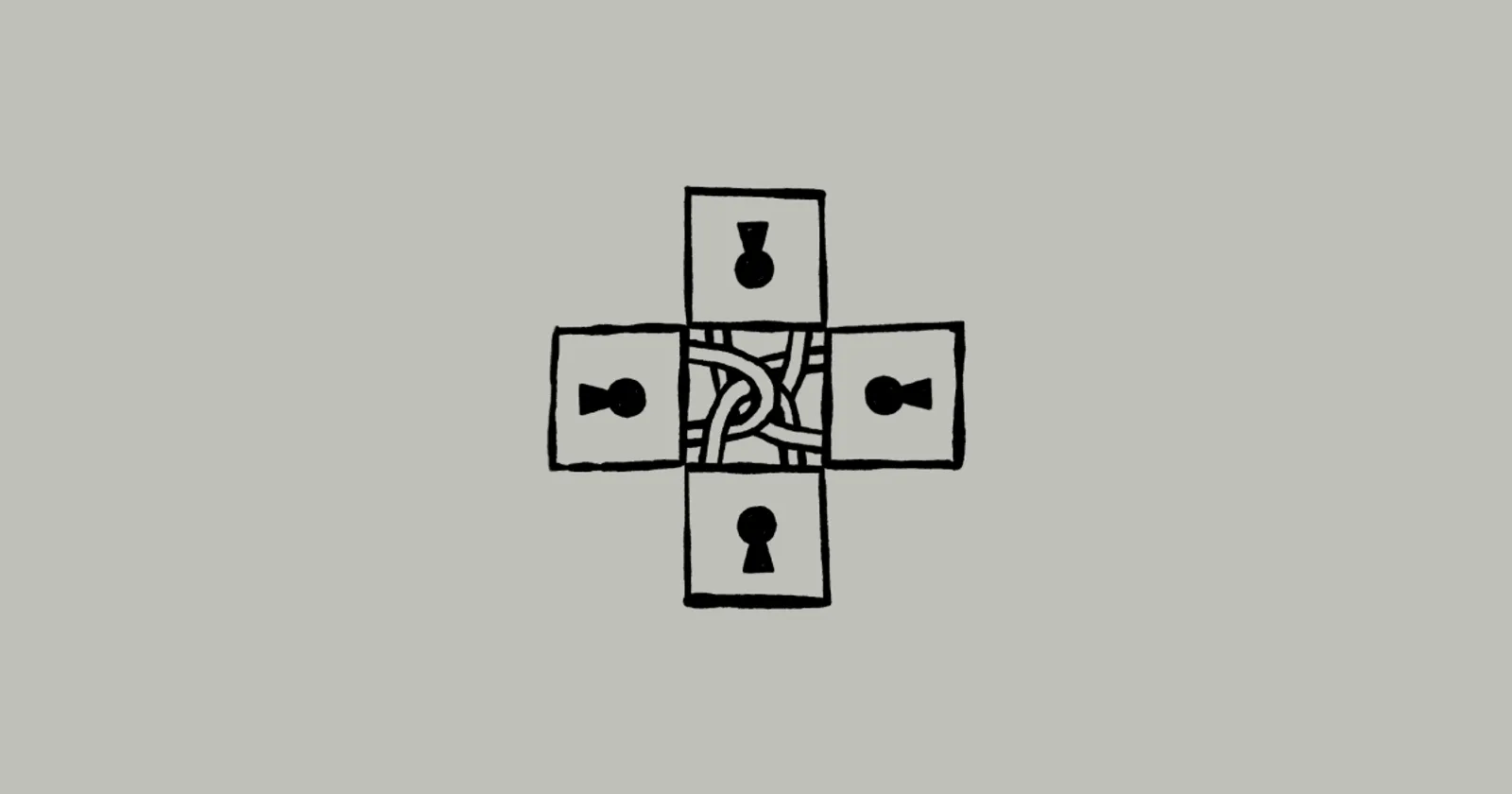 Anthropic illustration showing four keyhole plates arranged around a tangled knot on a light gray background