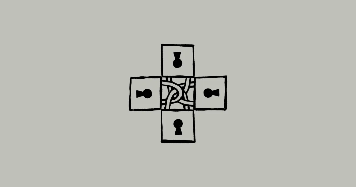 Anthropic illustration showing four keyhole plates arranged around a tangled knot on a light gray background
