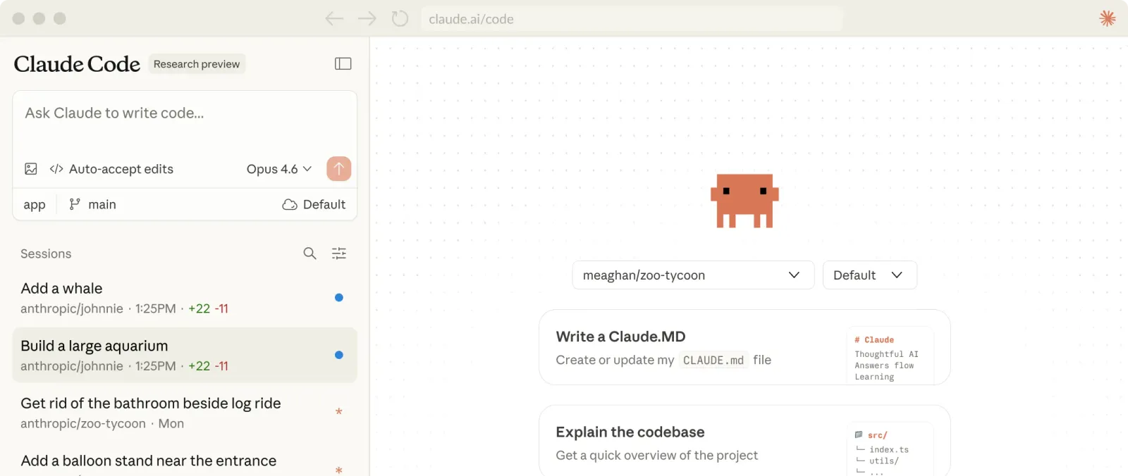Claude Code web interface showing the session sidebar with Opus 4.6 model selector and multiple active sessions