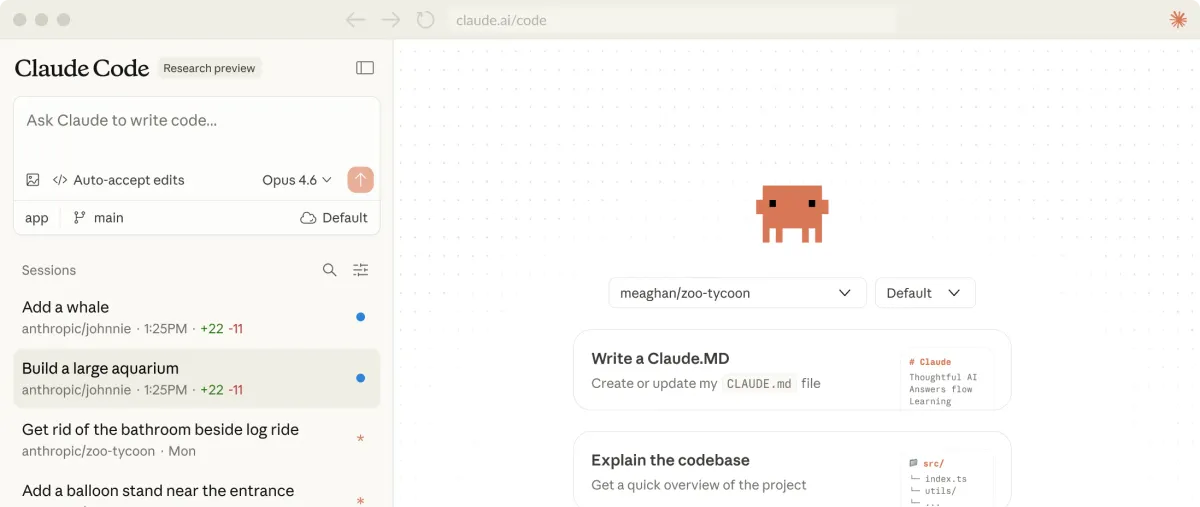 Claude Code web interface showing the session sidebar with Opus 4.6 model selector and multiple active sessions