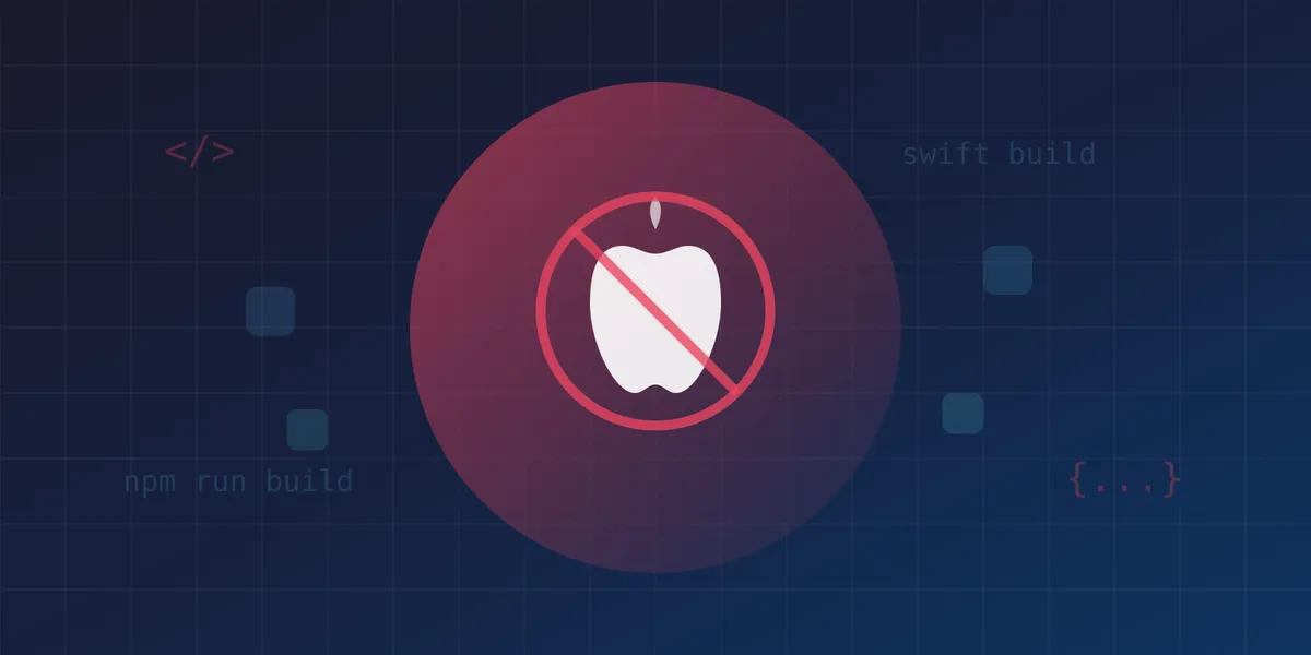 Apple logo with a block symbol overlaid on a dark blue background with code elements