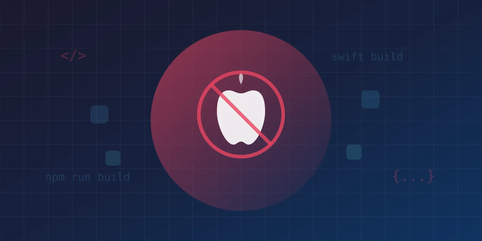 Apple logo with a block symbol overlaid on a dark blue background with code elements