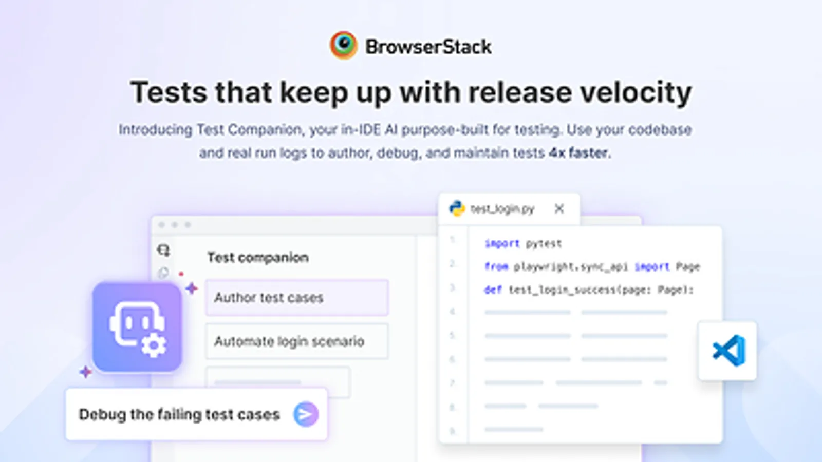 BrowserStack Test Companion interface showing agentic test automation inside VS Code