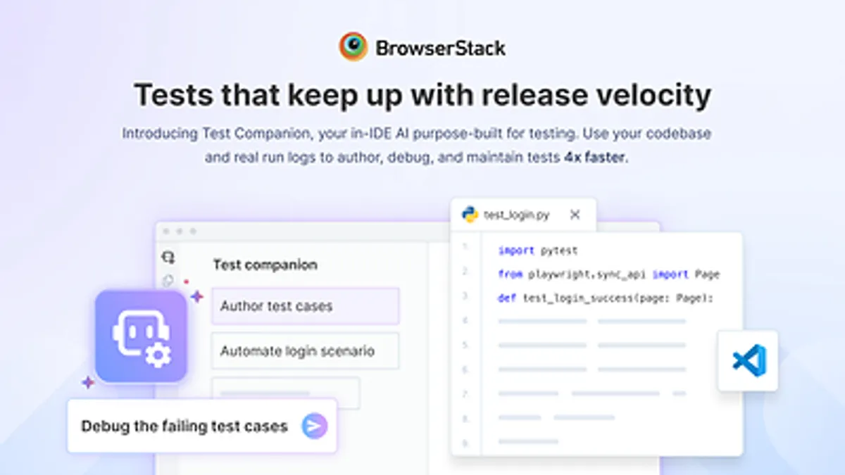 BrowserStack Test Companion interface showing agentic test automation inside VS Code