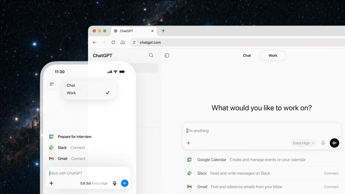 The new ChatGPT desktop app showing Work mode with Google Calendar, Slack, and Gmail integrations alongside the mobile app view