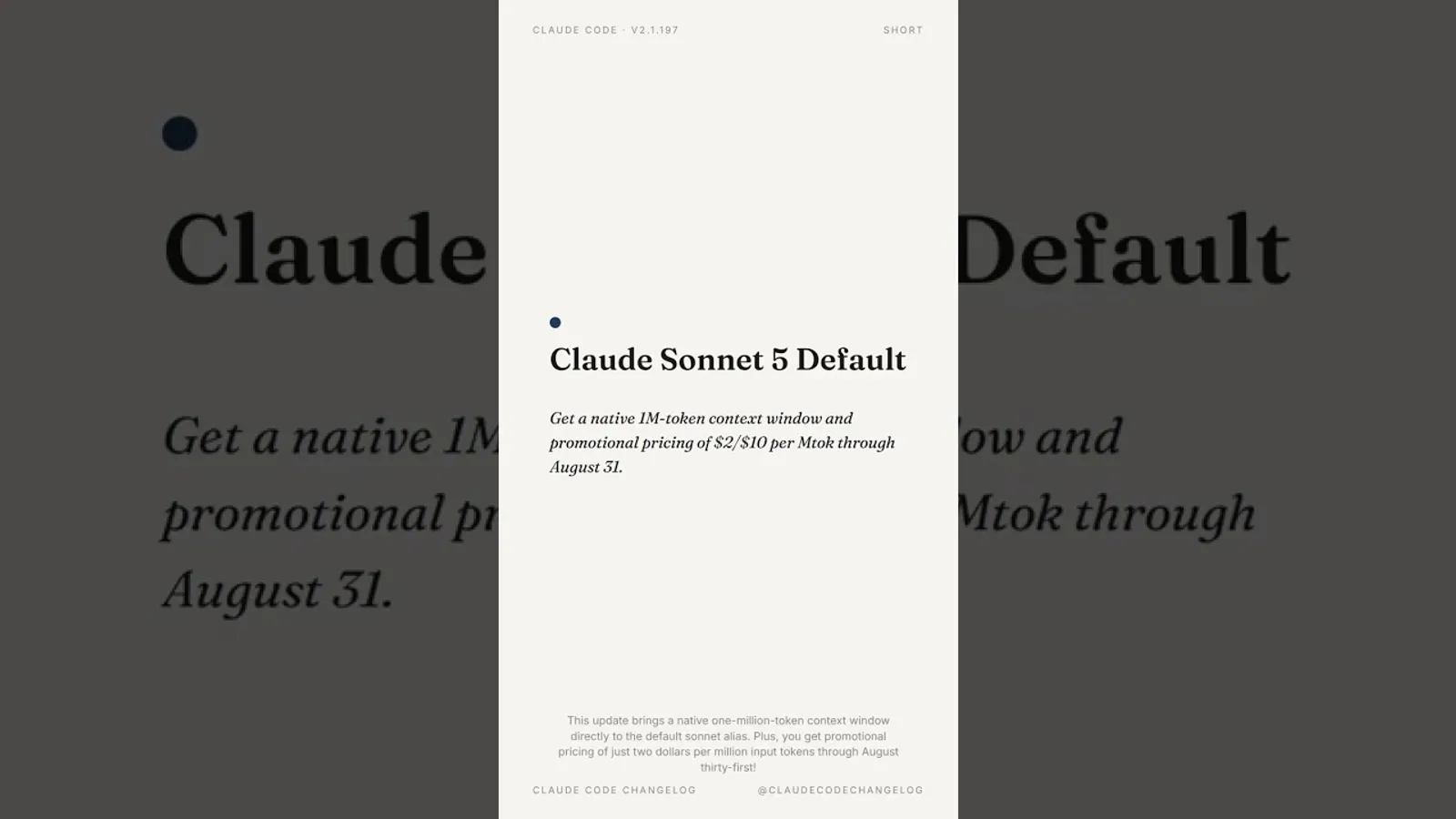 Claude Code 2.1.197 release card showing Sonnet 5 as the new default model