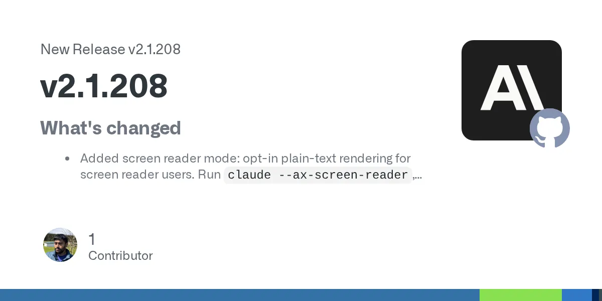 Claude Code v2.1.208 GitHub release page showing what's changed