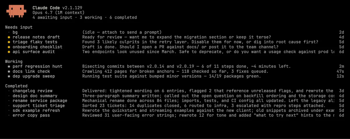 Claude Code agent view showing multiple sessions listed in the terminal with status indicators and last activity