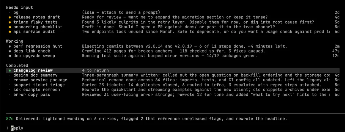 Claude Code agent view showing multiple parallel sessions in the terminal with status indicators