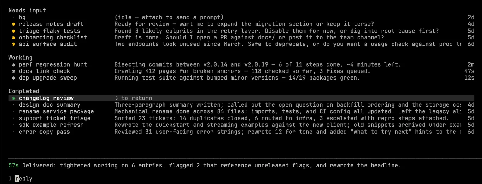 Claude Code agent view showing multiple parallel sessions in the terminal with status indicators