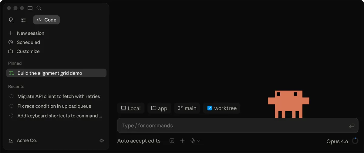 Claude Code desktop app showing the session interface and agent view