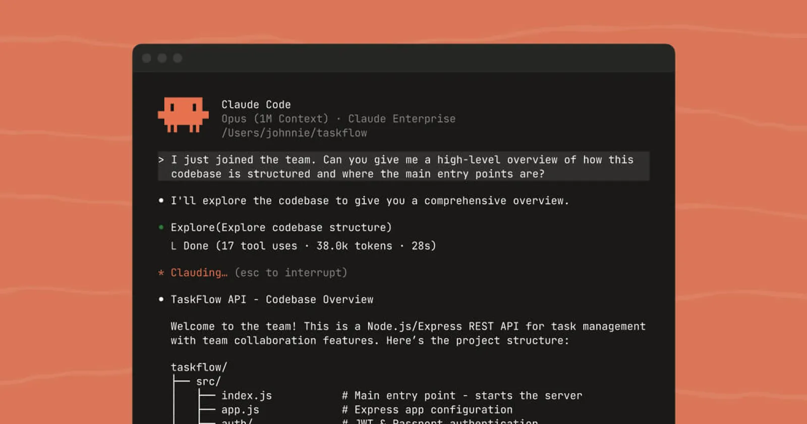 Claude Code terminal interface showing an Opus session with codebase exploration