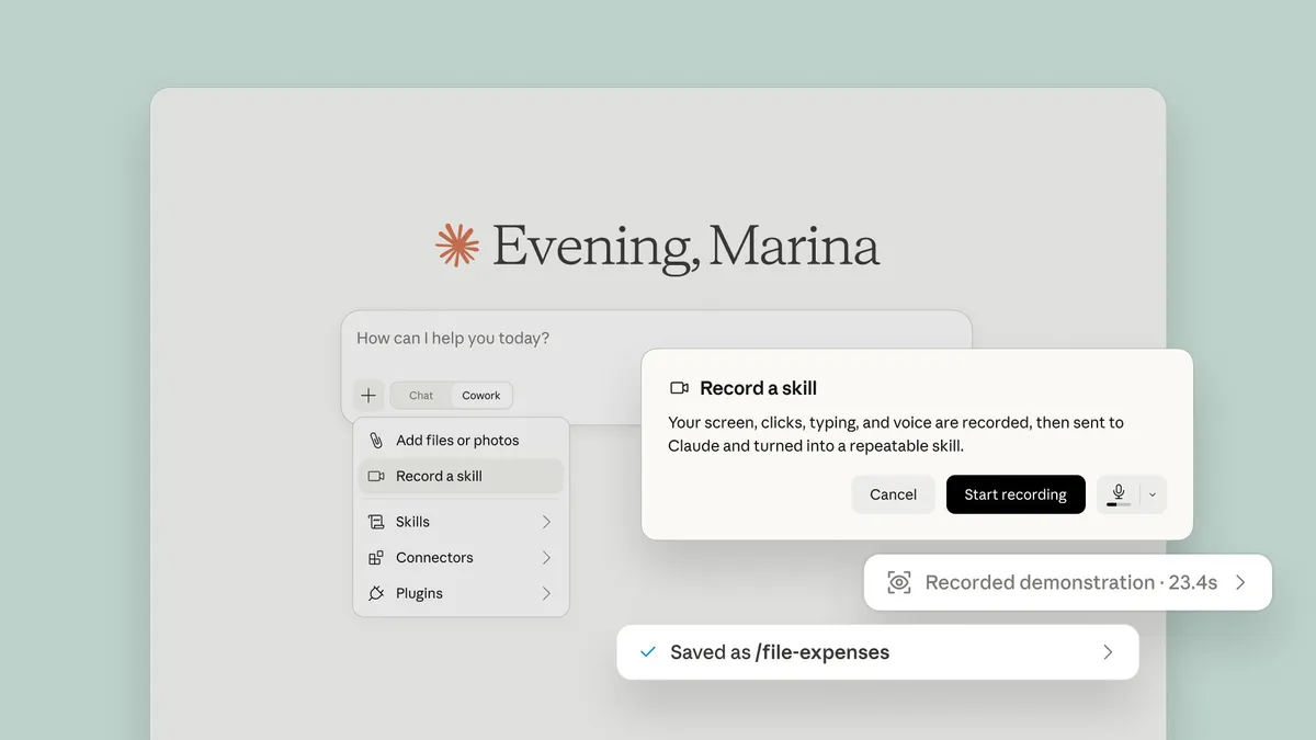Claude Cowork Record a Skill feature interface showing screen recording in progress