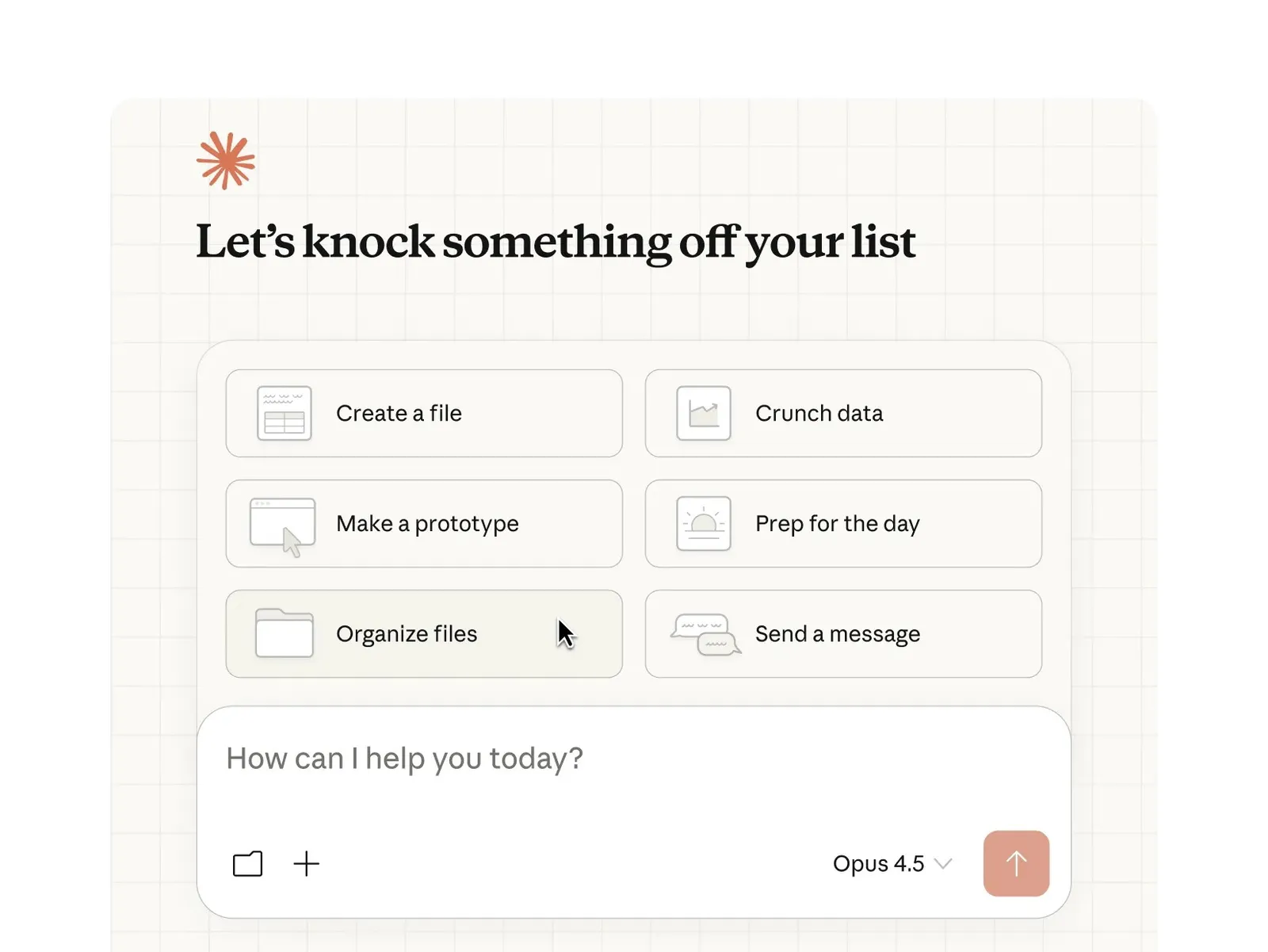 Claude Cowork interface showing task cards for Create a file, Crunch data, Make a prototype, and more
