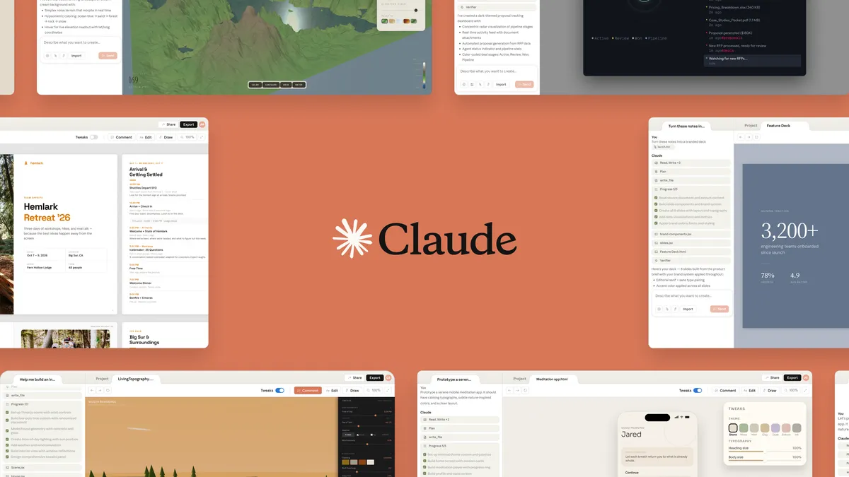 Claude Design interface showing a visual canvas with a generated presentation slide and the chat sidebar