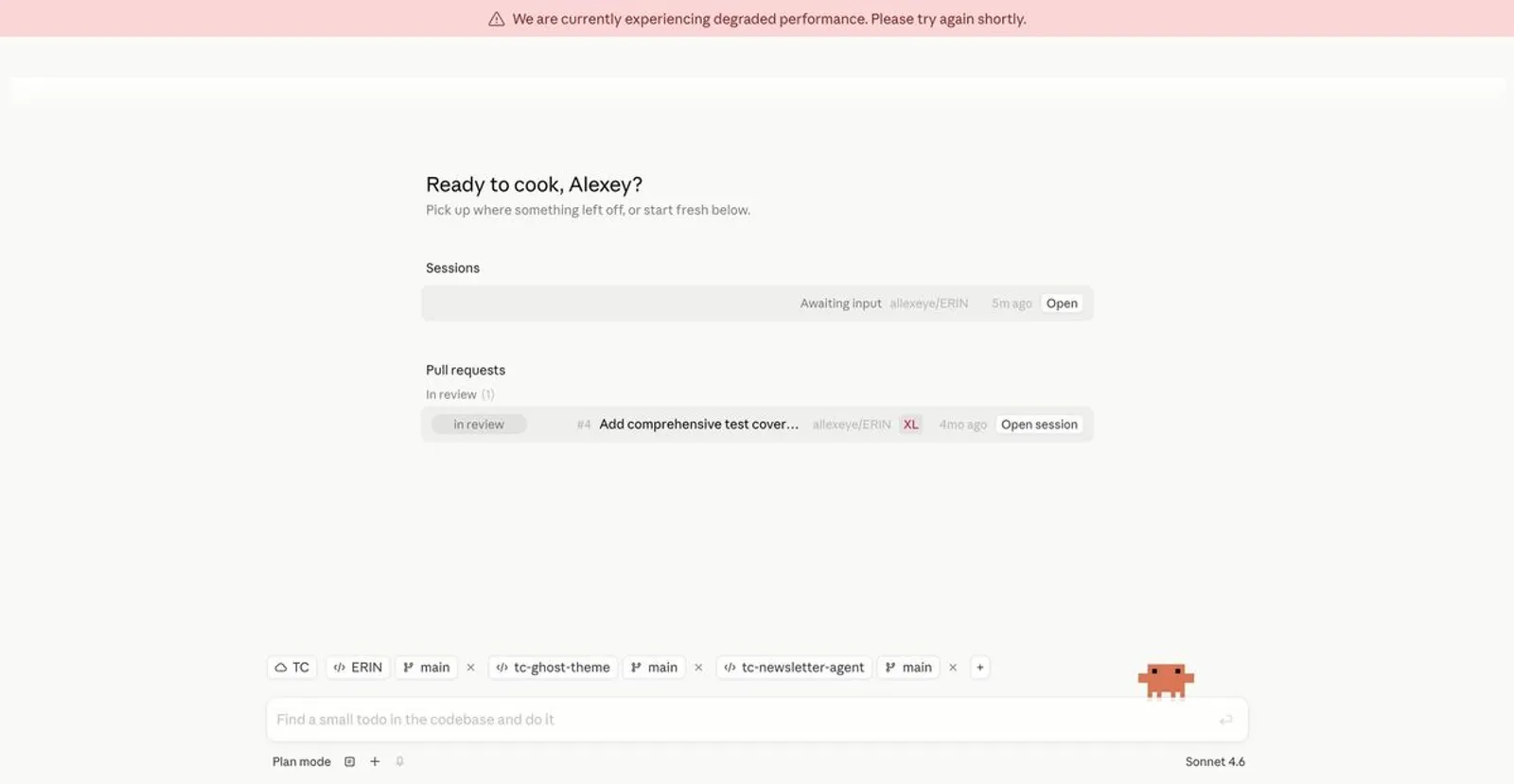 Leaked screenshot of Claude's Epitaxy desktop interface showing session management, pull request tracking, and multi-repo tabs