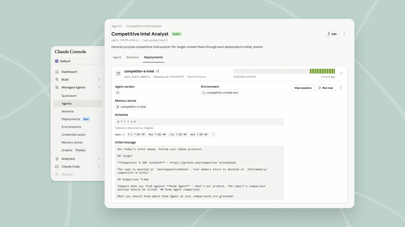 Claude Console showing the Scheduled Deployments interface with a list of active agent deployments and their cron schedules
