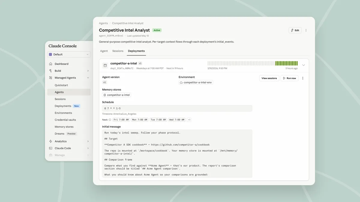 Claude Console showing the Scheduled Deployments interface with a list of active agent deployments and their cron schedules