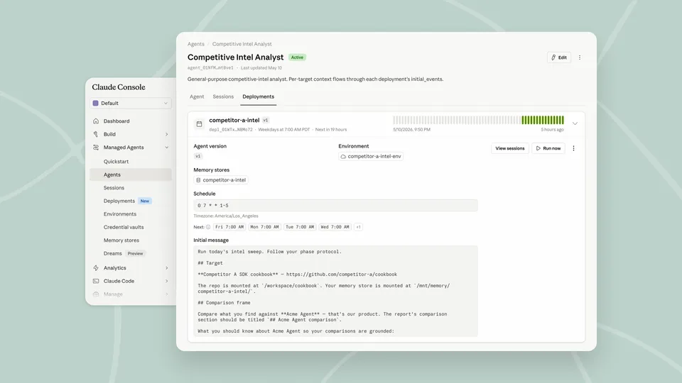 Claude Console showing the Scheduled Deployments interface with a list of active agent deployments and their cron schedules