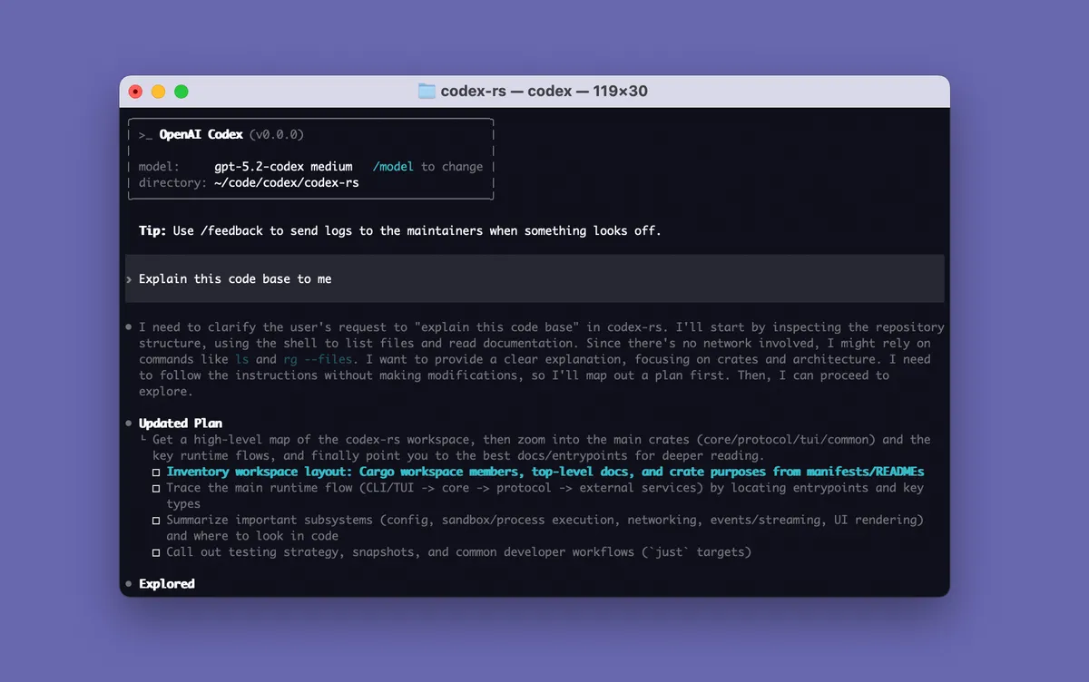 Codex CLI running in a terminal window, showing an interactive coding session