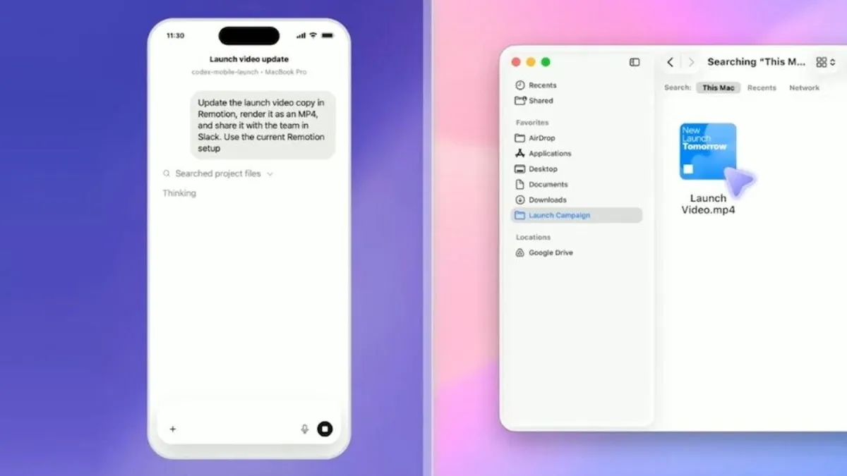 ChatGPT mobile app showing a Codex session on iPhone alongside a Mac Finder window, demonstrating the remote connection