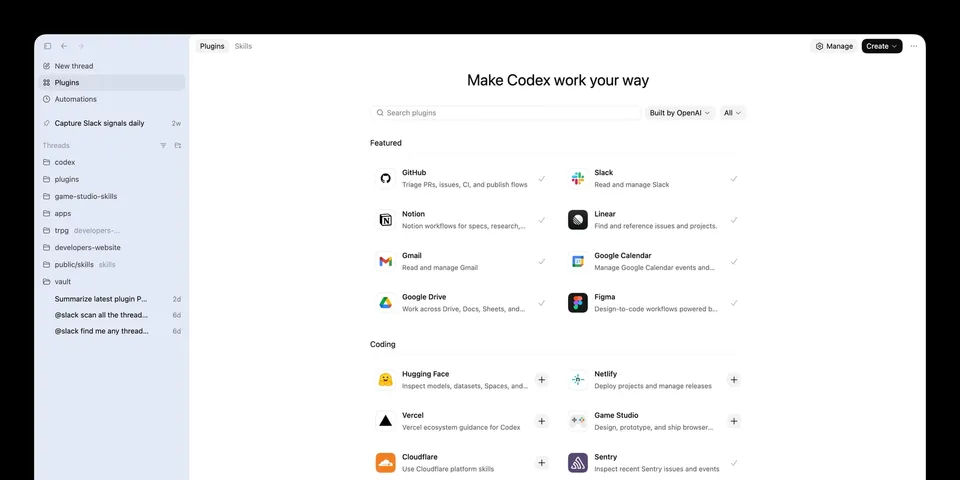 OpenAI Codex plugin directory showing featured plugins like GitHub, Slack, Linear, Figma, Cloudflare, and Vercel