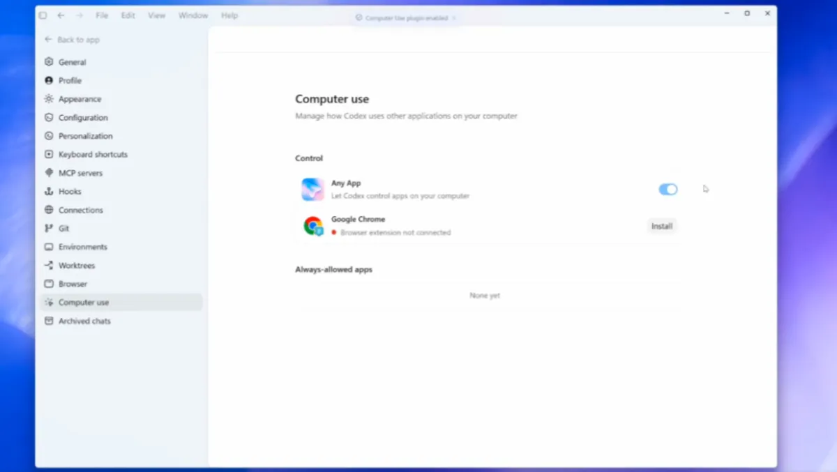 OpenAI Codex running on Windows with computer use active, showing the agent controlling a desktop application