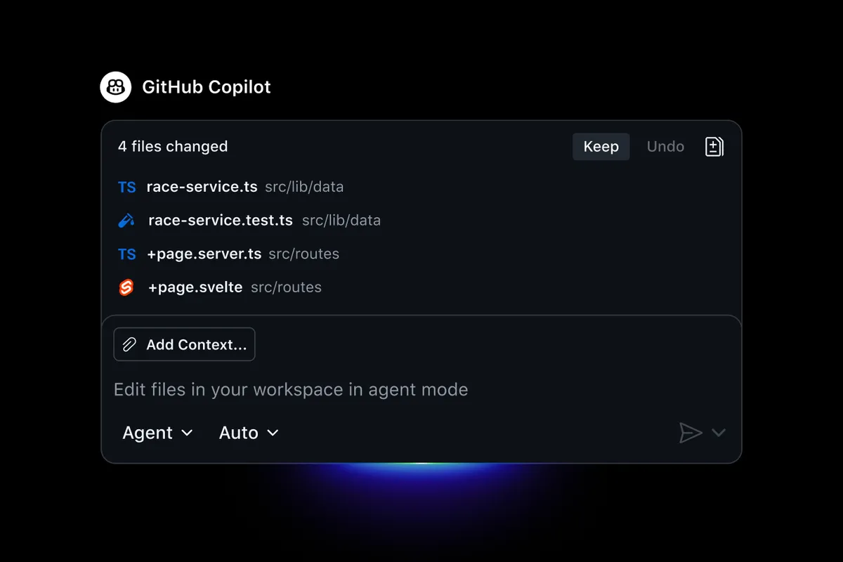 GitHub Copilot agent mode interface in VS Code showing multi-file context and chat panel