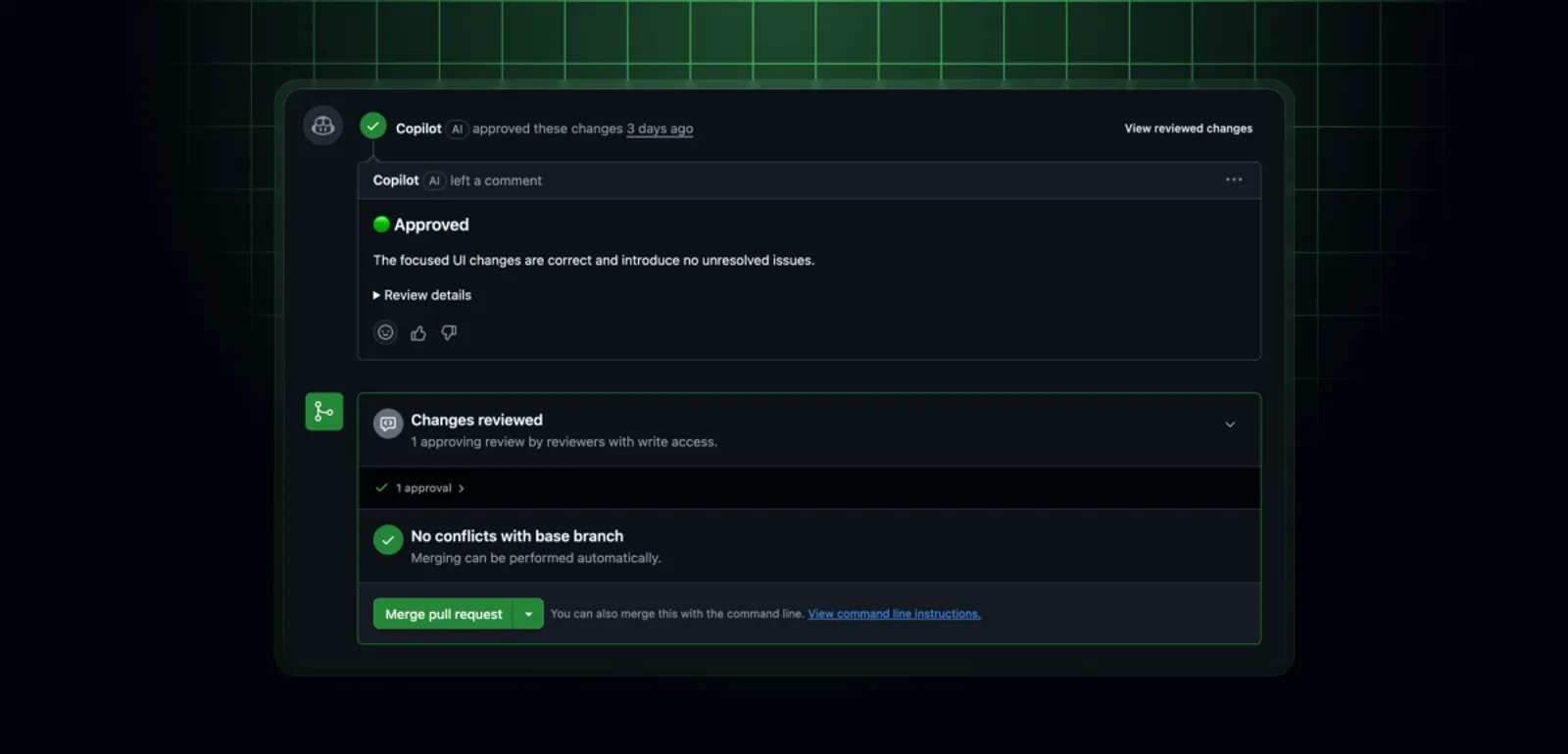 GitHub Copilot code review approving a pull request with a comment