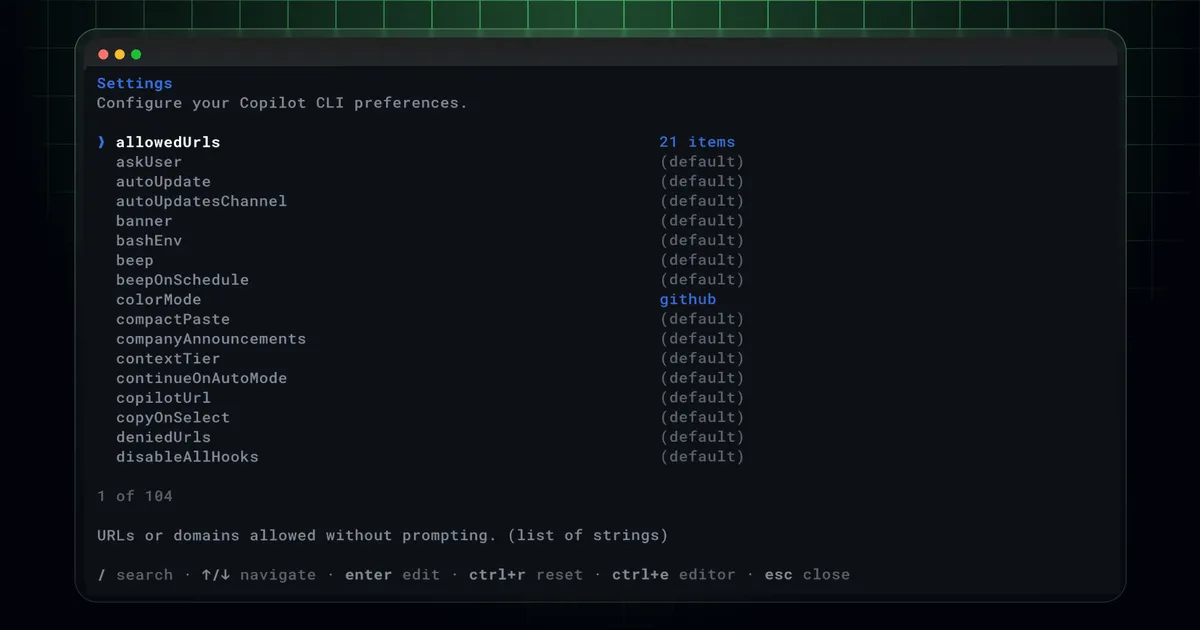 GitHub Copilot CLI showing the new /settings slash command interface