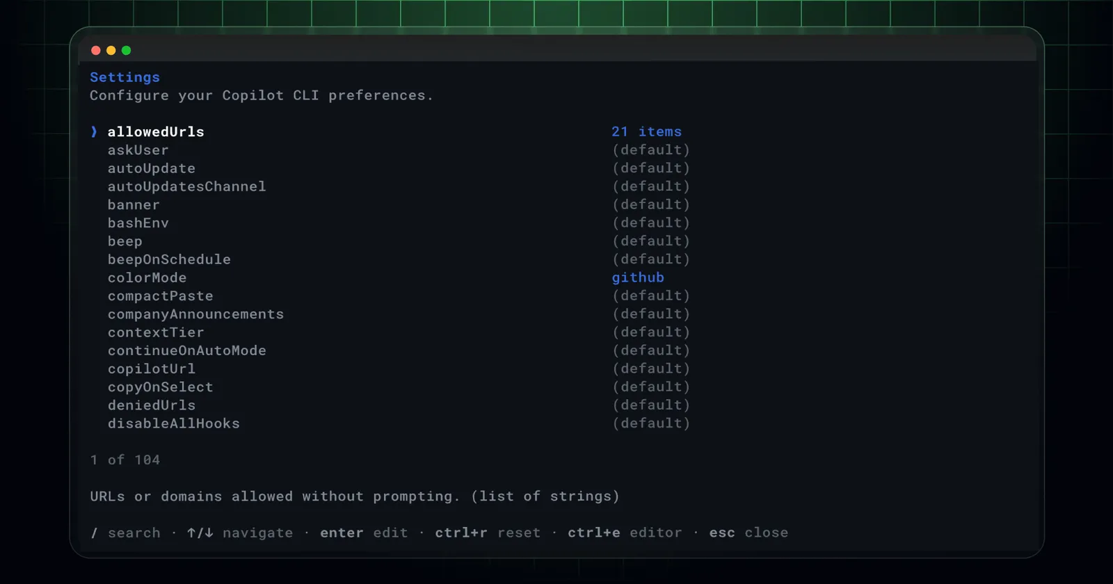 GitHub Copilot CLI showing the new /settings slash command interface