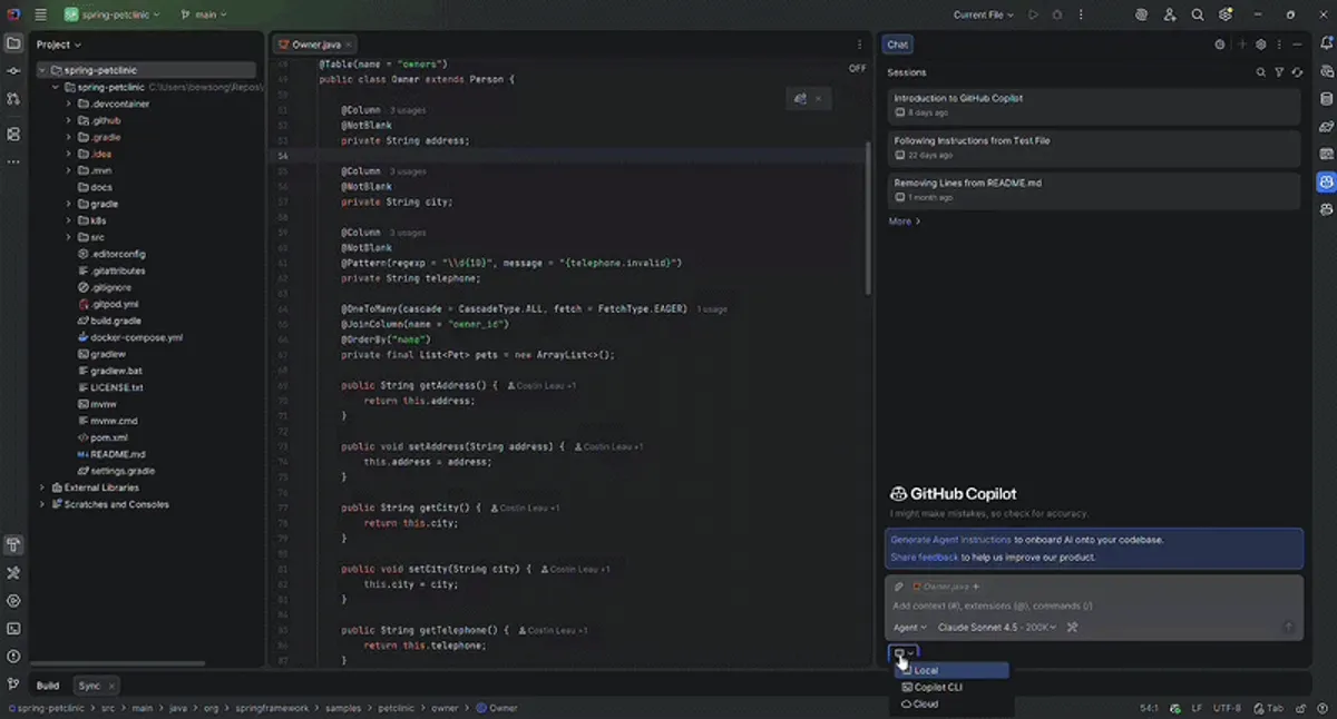 GitHub Copilot Chat panel in a JetBrains IDE showing Claude Sonnet selected as the agent provider with Local, Copilot CLI, and Cloud options