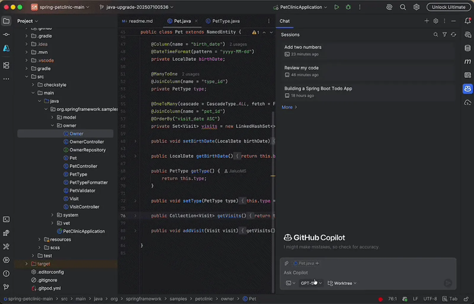 GitHub Copilot CLI agent in JetBrains IDE showing task delegation with the unified sessions view