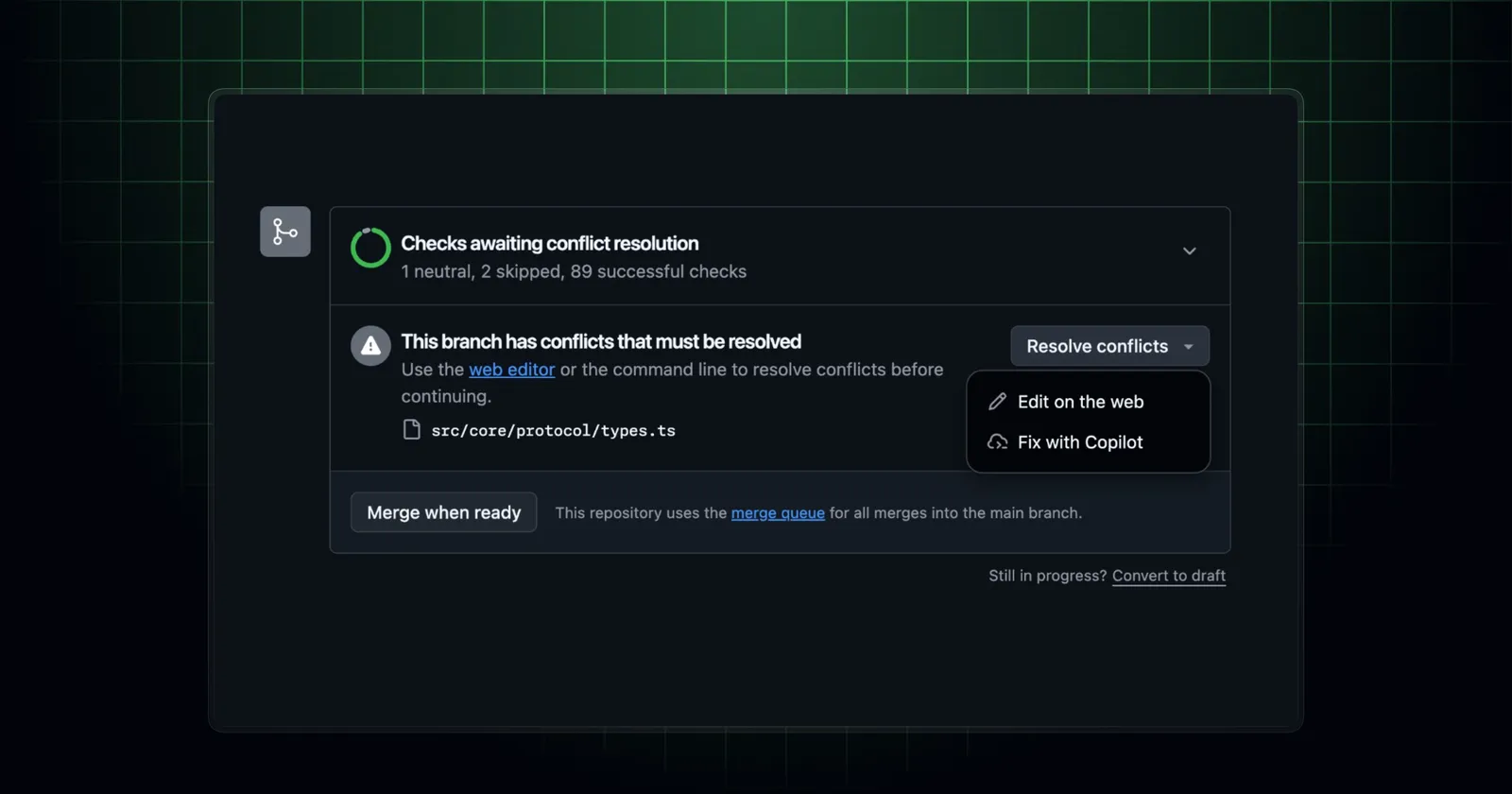 GitHub pull request page showing the Fix with Copilot button for resolving merge conflicts