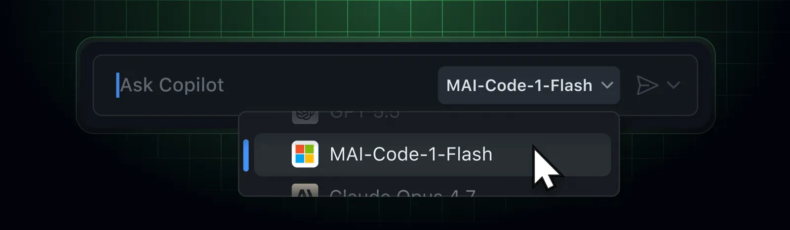 GitHub Copilot model picker in VS Code showing the list of available AI models including MAI-Code-1-Flash