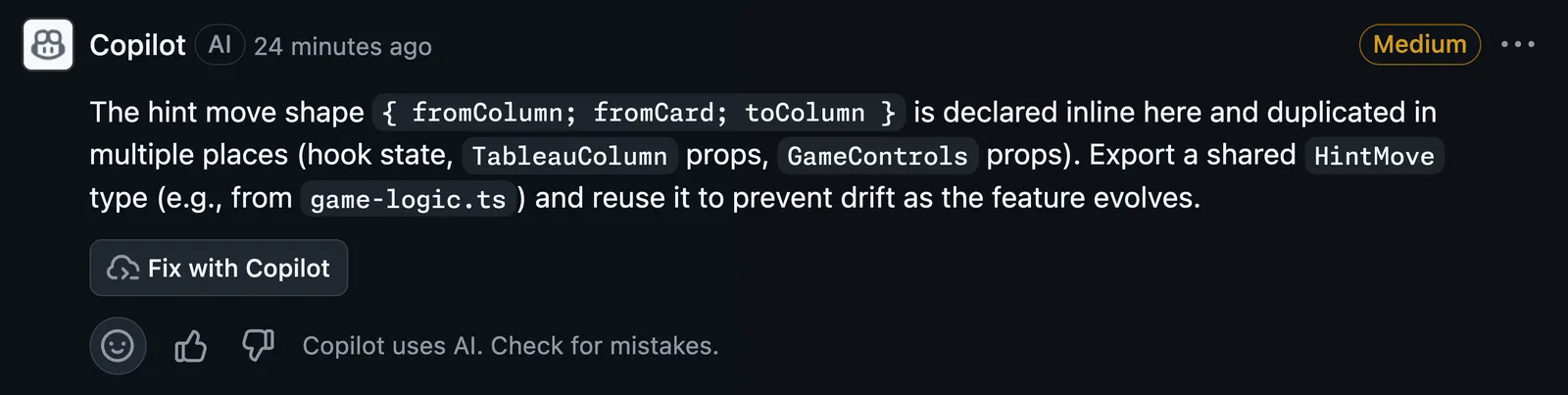 GitHub Copilot code review comment showing a High severity label in the top-right corner and a suggested change for improving variable naming