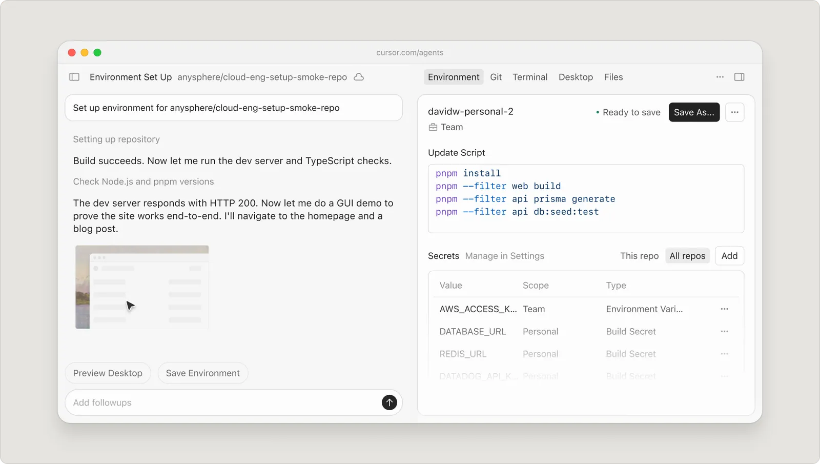 Cursor 3.4 improved agent setup interface showing the cloud development environment configuration panel