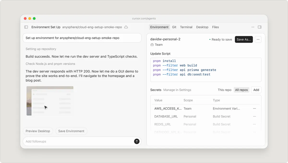 Cursor 3.4 improved agent setup interface showing the cloud development environment configuration panel