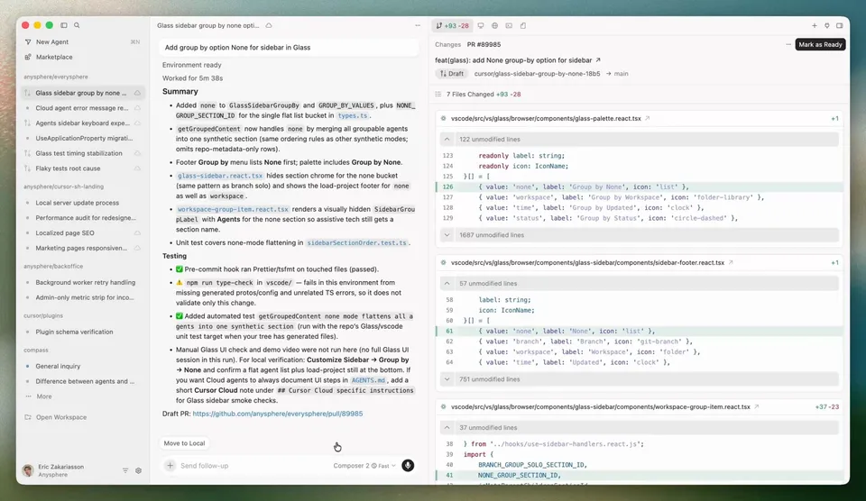 Cursor 3 Agents Window showing the multi-workspace interface with agent sidebar, task summaries, and code diffs