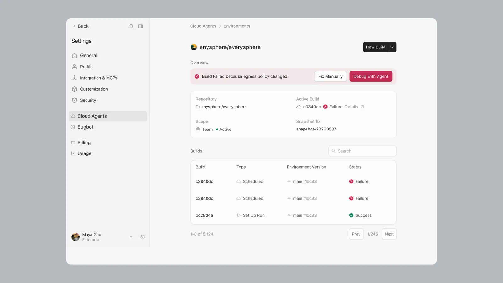 Cursor Cloud Agents builds dashboard showing build status, timestamps, and debug logs