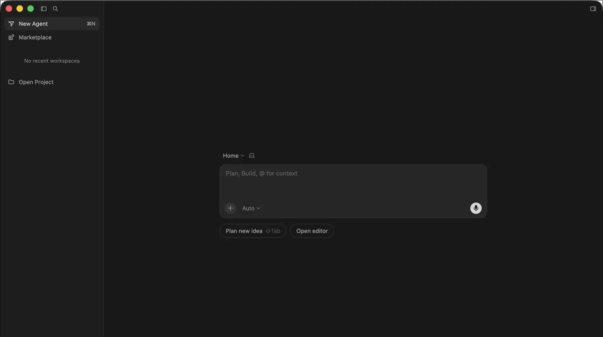 Cursor Glass interface showing the agent-first home screen with Plan, Build prompt input, model selector, and New Agent sidebar