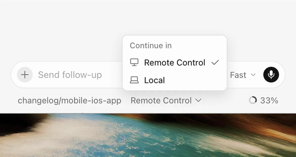 Cursor iOS app showing the remote control interface for managing a coding agent running on a desktop computer
