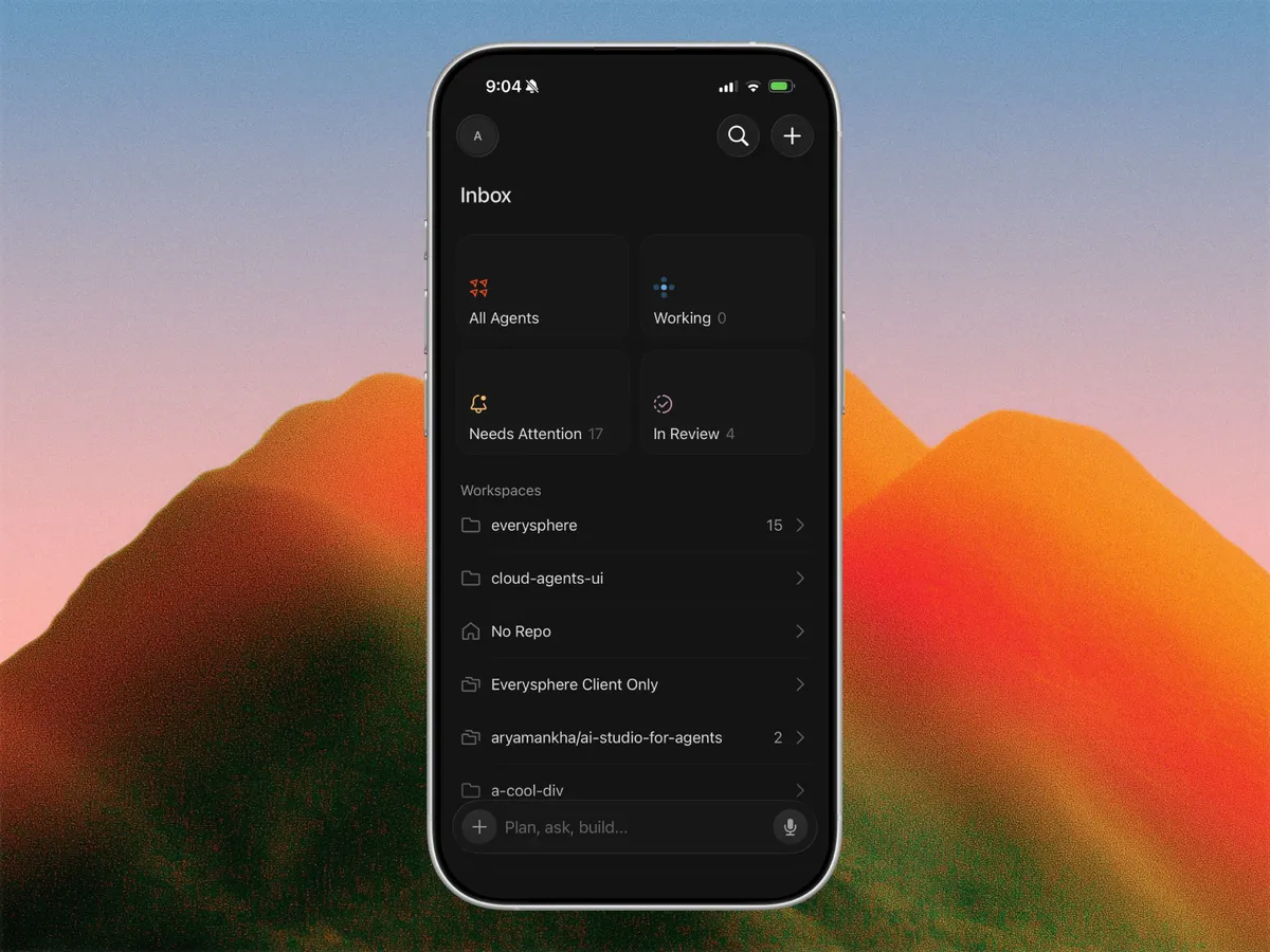 Cursor iPad app showing inbox and agent monitoring in split screen