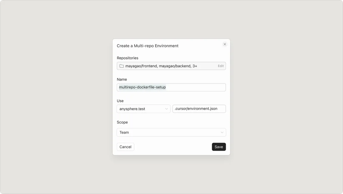 Cursor's Create a Multi-repo Environment dialog showing multiple repositories selected with Dockerfile configuration