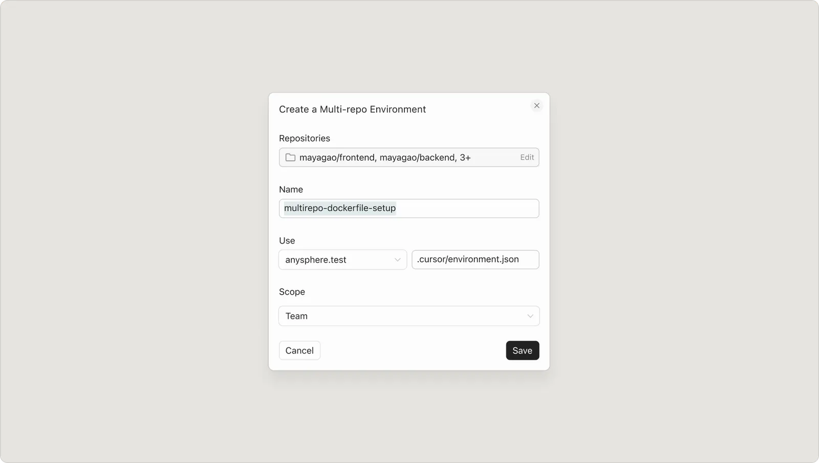Cursor's Create a Multi-repo Environment dialog showing multiple repositories selected with Dockerfile configuration