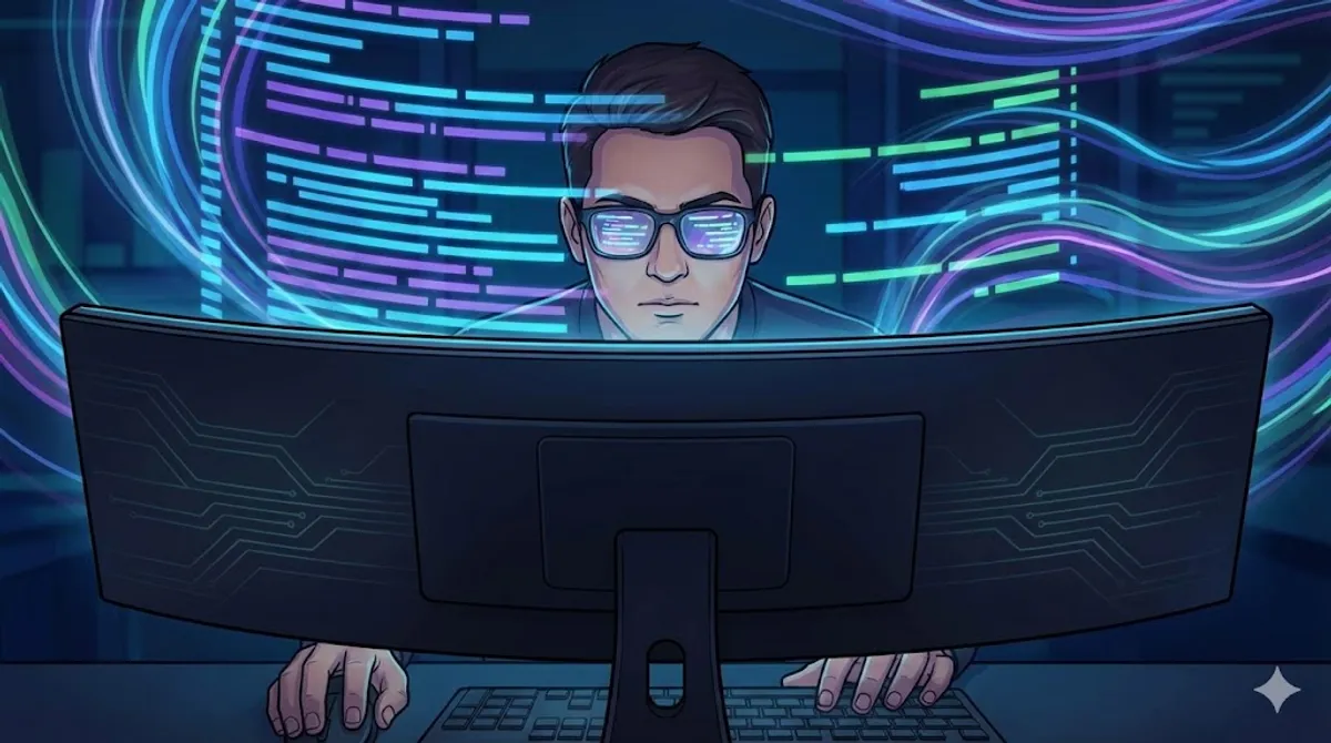 Illustration of a developer coding with AI tools surrounding them