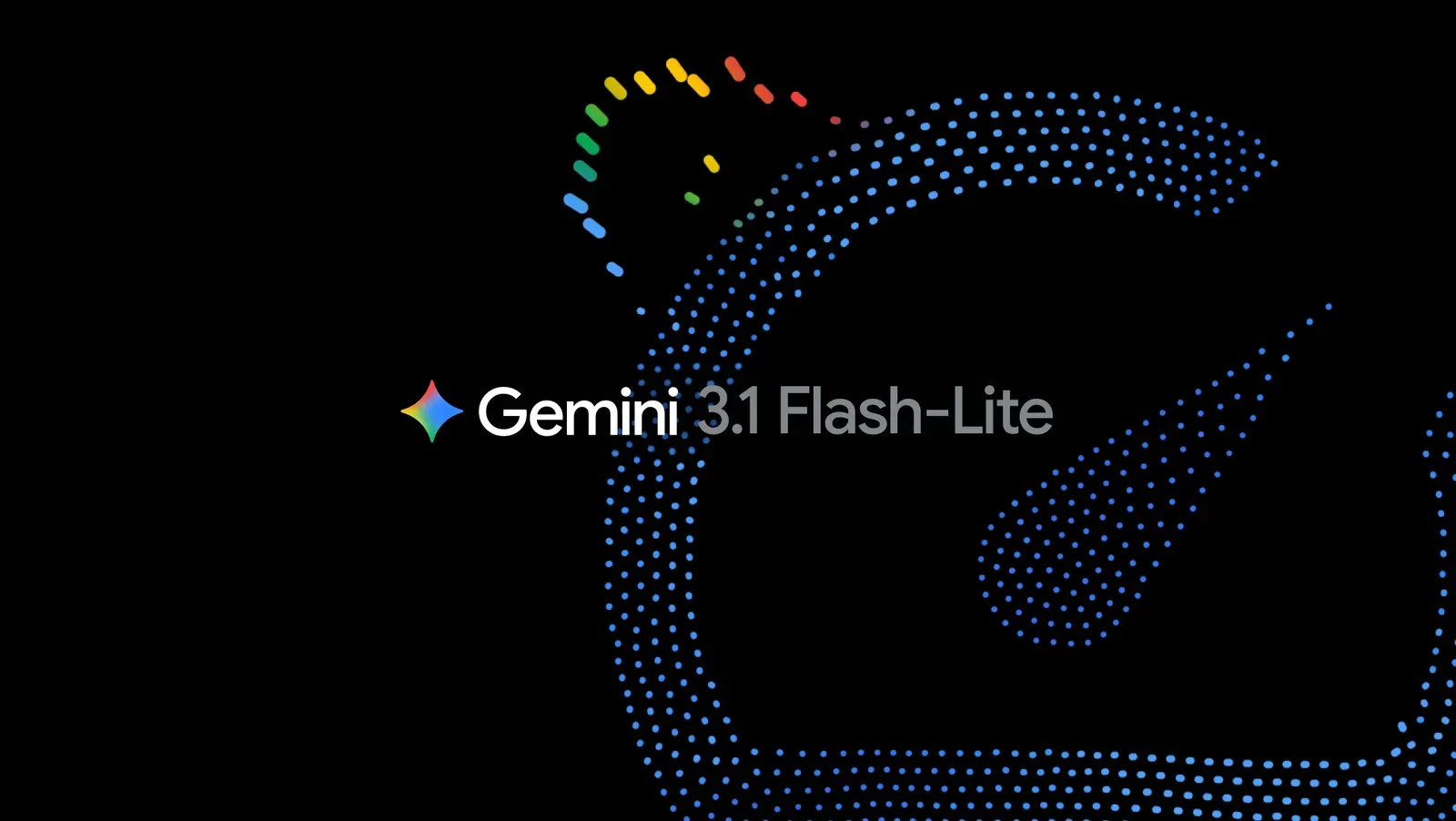 Gemini 3.1 Flash-Lite banner showing the model name with Google's Gemini sparkle logo on a dark background with blue particle effects