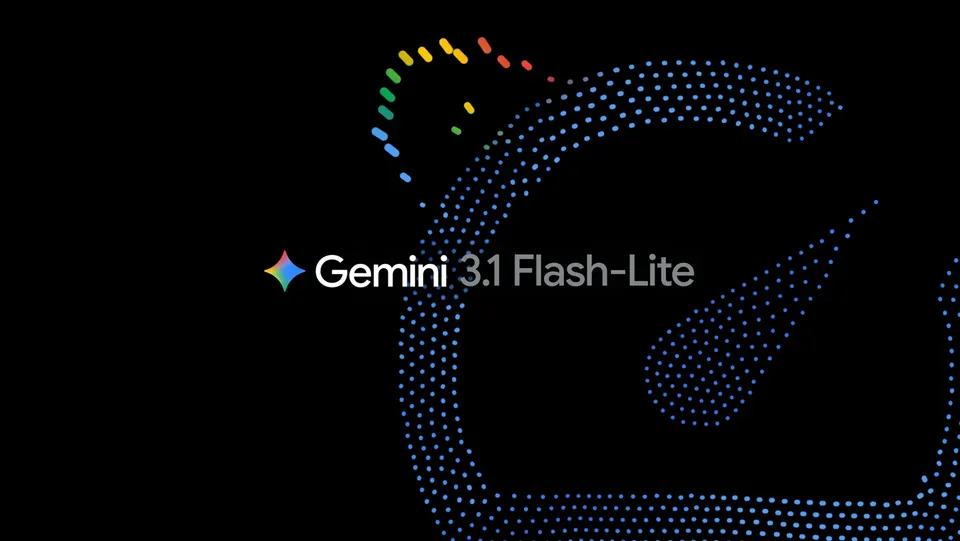 Gemini 3.1 Flash-Lite banner showing the model name with Google's Gemini sparkle logo on a dark background with blue particle effects